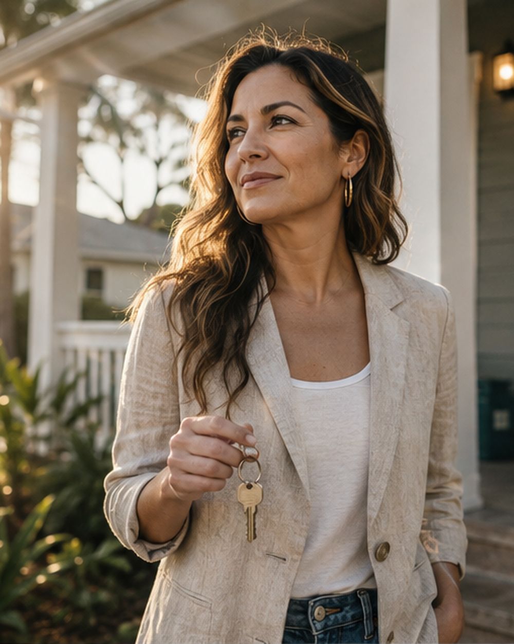 A newly licensed Florida real estate agent on the steps of a St. Petersburg bungalow at sunrise, holding house keys