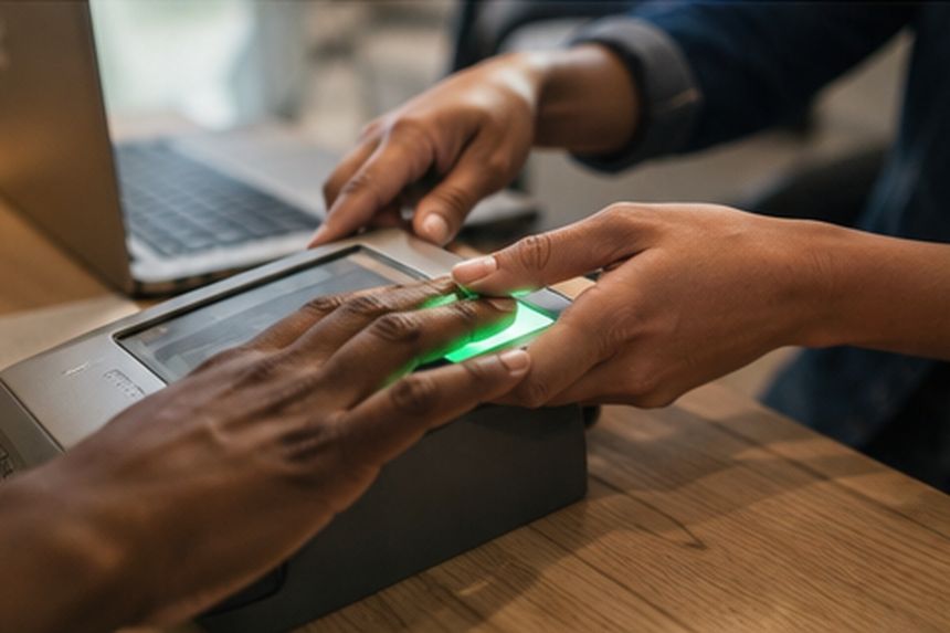 A hand on a digital fingerprint scanner, guided by a professional