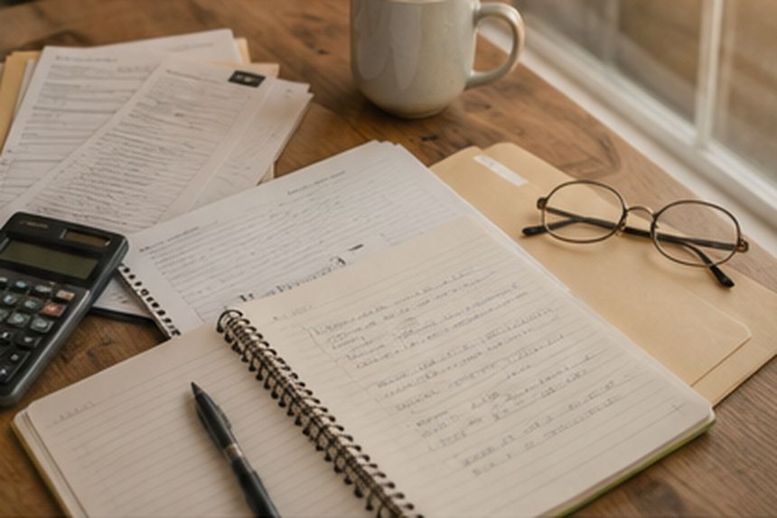 Study notes, a calculator, reading glasses and coffee on a table in morning light