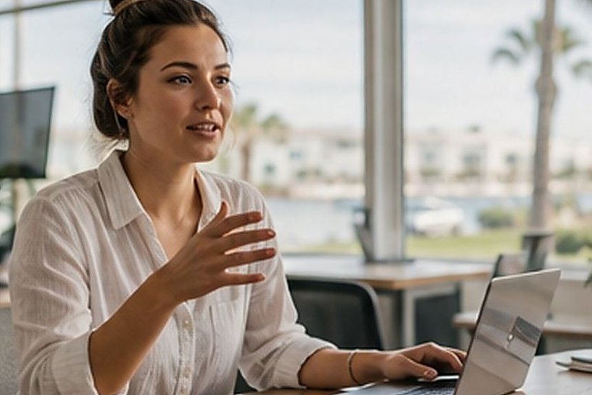 An agent working at a laptop in a bright coastal office