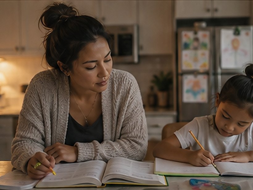 A parent studying at the kitchen table beside her daughter doing homework